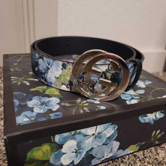 GG Supreme Monogram Blooms Interlocking G Belt Beige Blue Navy - Picture 3 of 7